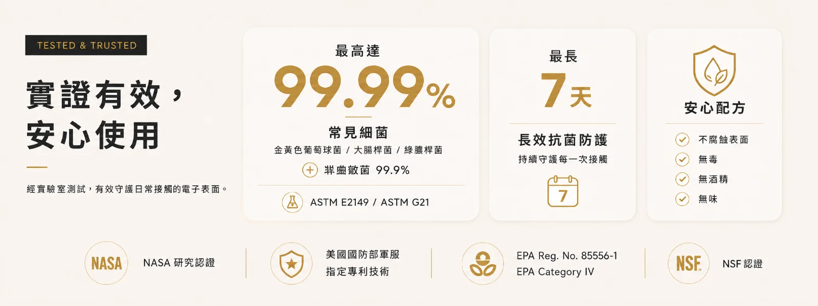 Device Shield 實驗室測試結果、安心配方與認證